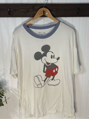 Disney Men's Cream Mickey Mouse Graphic Tee with Blue Trim and Red Shorts